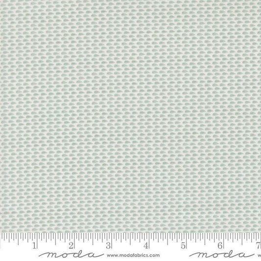 Image of Gathered Bonbons Lazy Leaf Home Town Sky quilting cotton fabric by Jen Kingwell for Moda Fabrics. Features tiny leaves on a blue background. Cute Little Fabric Shop.