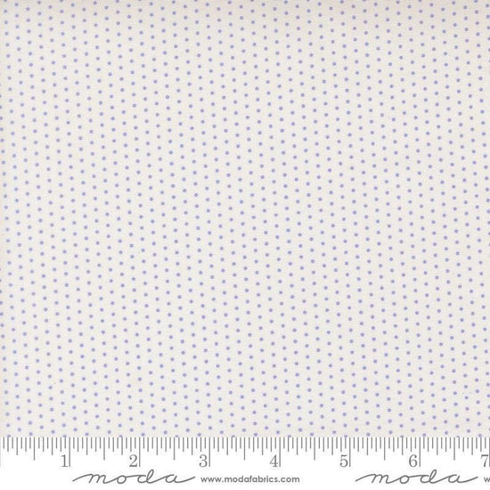 Image of Gathered Bonbons Snowgoose Dots Lavender quilting cotton fabric by Jen Kingwell for Moda Fabrics. Features polka dots on a white background. Cute Little Fabric Shop.