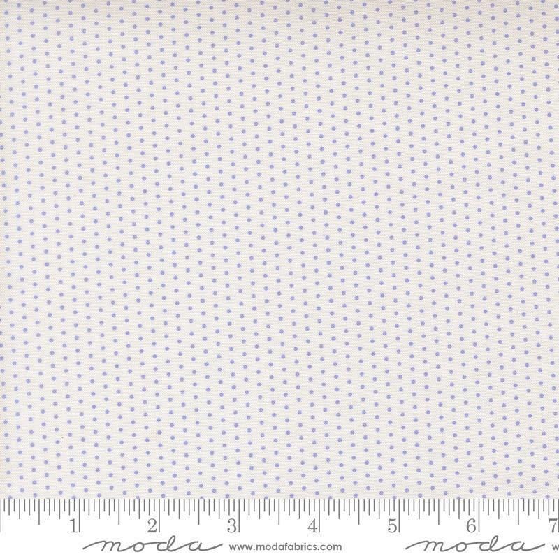 Image of Gathered Bonbons Snowgoose Dots Lavender quilting cotton fabric by Jen Kingwell for Moda Fabrics. Features polka dots on a white background. Cute Little Fabric Shop.