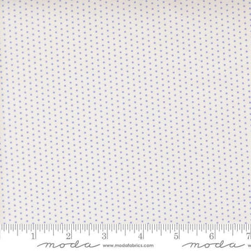 Image of Gathered Bonbons Snowgoose Dots Lavender quilting cotton fabric by Jen Kingwell for Moda Fabrics. Features polka dots on a white background. Cute Little Fabric Shop.