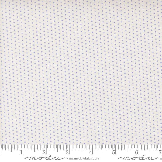 Image of Gathered Bonbons Snowgoose Dots Lavender quilting cotton fabric by Jen Kingwell for Moda Fabrics. Features polka dots on a white background. Cute Little Fabric Shop.