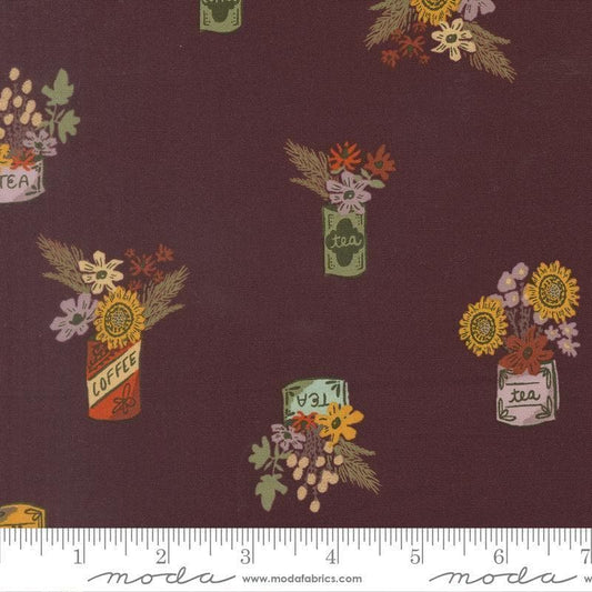 Image of Windfall Flower Jars Merlot quilting cotton fabric by Fancy That Design House for Moda Fabric. Features flowers on a purple background. Cute Little Fabric Shop.