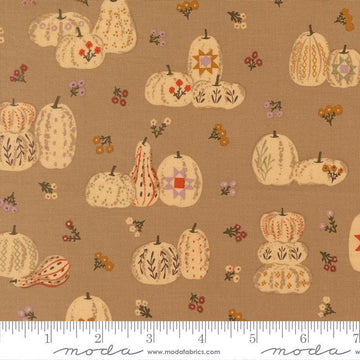 Image of Windfall Pumpkin Patches Oatmeal quilting cotton fabric by Fancy That Design House for Moda Fabric. Features pumpkins on a brown background. Cute Little Fabric Shop.