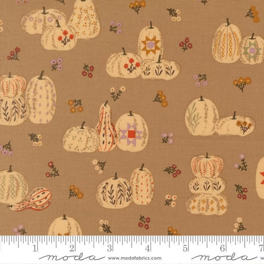 Image of Windfall Pumpkin Patches Oatmeal quilting cotton fabric by Fancy That Design House for Moda Fabric. Features pumpkins on a brown background. Cute Little Fabric Shop.