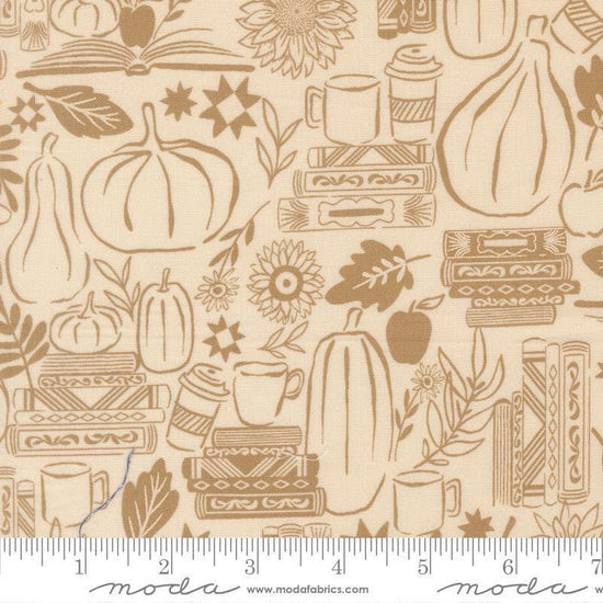 Image of Windfall Cozy Up Eggshell quilting cotton fabric by Fancy That Design House for Moda Fabric. Features autumn icons on a cream background. Cute Little Fabric Shop.