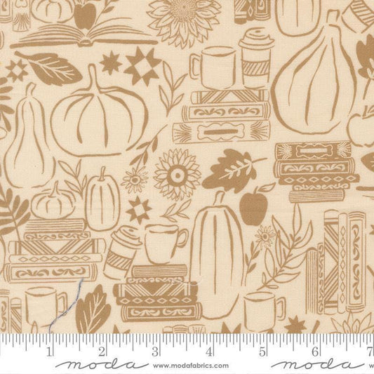 Image of Windfall Cozy Up Eggshell quilting cotton fabric by Fancy That Design House for Moda Fabric. Features autumn icons on a cream background. Cute Little Fabric Shop.