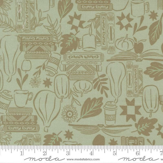 Image of Windfall Cozy Up Aqua quilting cotton fabric by Fancy That Design House for Moda Fabric. Features autumn icons on a blue background. Cute Little Fabric Shop.