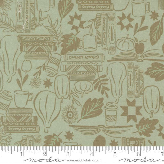 Image of Windfall Cozy Up Aqua quilting cotton fabric by Fancy That Design House for Moda Fabric. Features autumn icons on a blue background. Cute Little Fabric Shop.