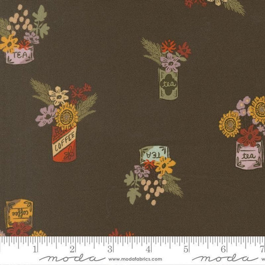 Image of Windfall Flower Jars Dark Moss quilting cotton fabric by Fancy That Design House for Moda Fabric. Features flowers on a brown background. Cute Little Fabric Shop.