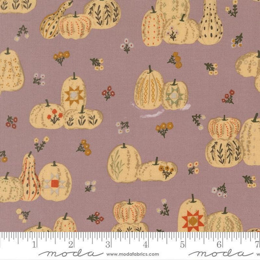 Image of Windfall Pumpkin Patches Soft Thistle quilting cotton fabric by Fancy That Design House for Moda Fabric. Features pumpkins on a purple background. Cute Little Fabric Shop.