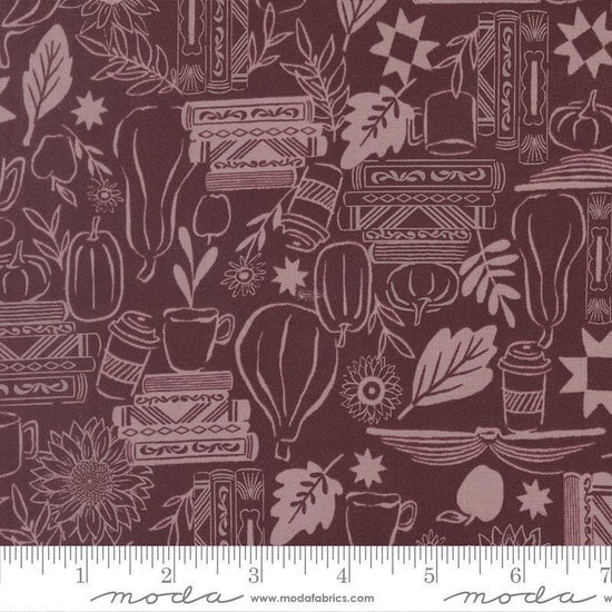 Image of Windfall Cozy Up Merlot quilting cotton fabric by Fancy That Design House for Moda Fabric. Features autumn icons on a purple background. Cute Little Fabric Shop.