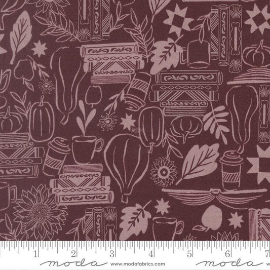 Image of Windfall Cozy Up Merlot quilting cotton fabric by Fancy That Design House for Moda Fabric. Features autumn icons on a purple background. Cute Little Fabric Shop.