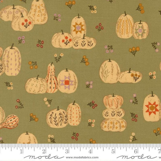 Image of Windfall Pumpkin Patches Meadow quilting cotton fabric by Fancy That Design House for Moda Fabric. Features pumpkins on a green background. Cute Little Fabric Shop.