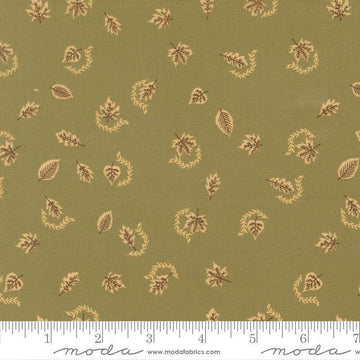 Image of Windfall Autumn Breeze Meadow quilting cotton fabric by Fancy That Design House for Moda Fabric. Features leaves on a green background. Cute Little Fabric Shop.