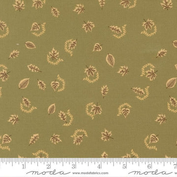 Image of Windfall Autumn Breeze Meadow quilting cotton fabric by Fancy That Design House for Moda Fabric. Features leaves on a green background. Cute Little Fabric Shop.