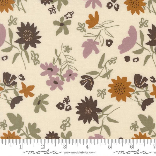 Image of Windfall Playful Petals Eggshell quilting cotton fabric by Fancy That Design House for Moda Fabric. Features flowers on a cream background. Cute Little Fabric Shop.