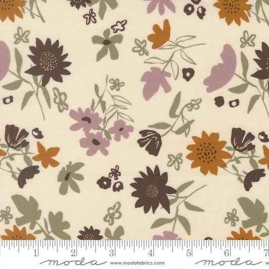 Image of Windfall Playful Petals Eggshell quilting cotton fabric by Fancy That Design House for Moda Fabric. Features flowers on a cream background. Cute Little Fabric Shop.