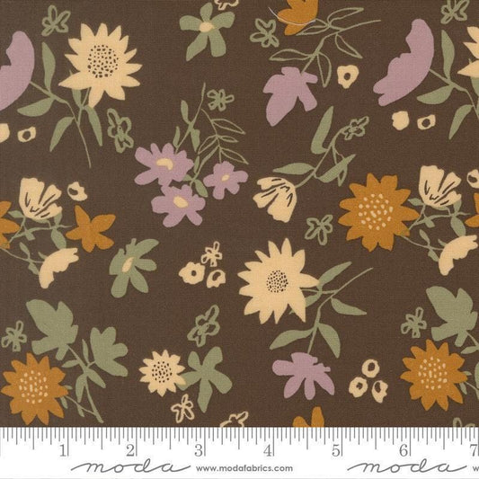 Image of Windfall Playful Petals Coffee quilting cotton fabric by Fancy That Design House for Moda Fabric. Features flowers on a brown background. Cute Little Fabric Shop.