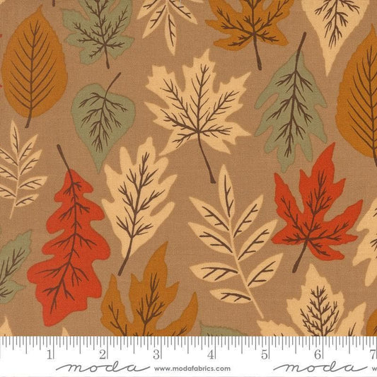 Image of Windfall Leaf Oatmeal quilting cotton fabric by Fancy That Design House for Moda Fabric. Features leaves on a brown background. Cute Little Fabric Shop.