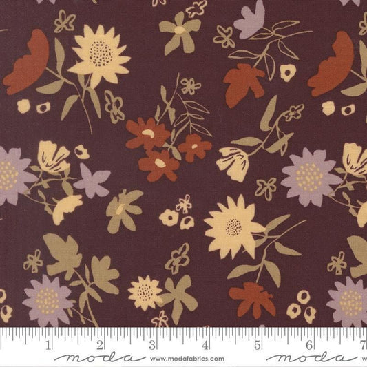 Image of Windfall Playful Petals Merlot quilting cotton fabric by Fancy That Design House for Moda Fabric. Features flowers on a purple background. Cute Little Fabric Shop.