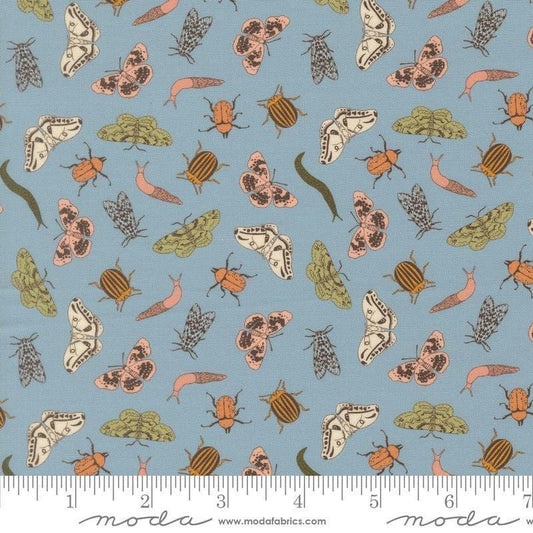 Image of Petalush Entomology Wind quilting cotton fabric by Kiley's Quilt Room for Moda Fabrics. Features bugs on a blue background. Cute Little Fabric Shop.
