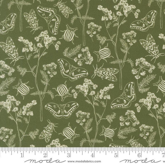 Image of Petalush Herb Garden Moss quilting cotton fabric by Kiley's Quilt Room for Moda Fabrics. Features bugs and flowers on a green background. Cute Little Fabric Shop.