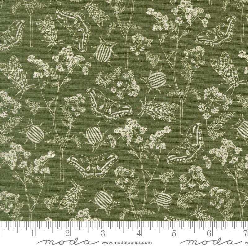 Image of Petalush Herb Garden Moss quilting cotton fabric by Kiley's Quilt Room for Moda Fabrics. Features bugs and flowers on a green background. Cute Little Fabric Shop.