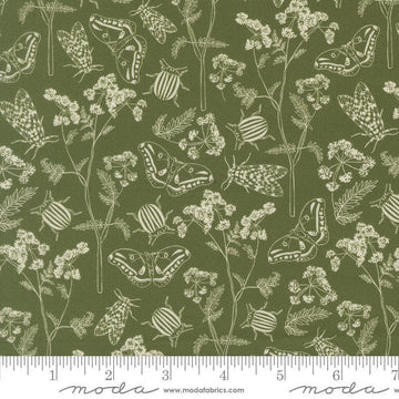 Image of Petalush Herb Garden Moss quilting cotton fabric by Kiley's Quilt Room for Moda Fabrics. Features bugs and flowers on a green background. Cute Little Fabric Shop.