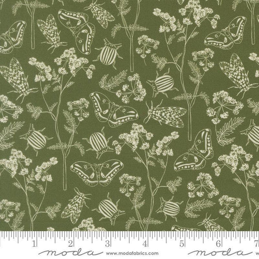 Image of Petalush Herb Garden Moss quilting cotton fabric by Kiley's Quilt Room for Moda Fabrics. Features bugs and flowers on a green background. Cute Little Fabric Shop.