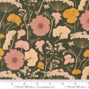 Image of Petalush Pressed Flower Pine quilting cotton fabric by Kiley's Quilt Room for Moda Fabrics. Features flowers on a green background. Cute Little Fabric Shop.