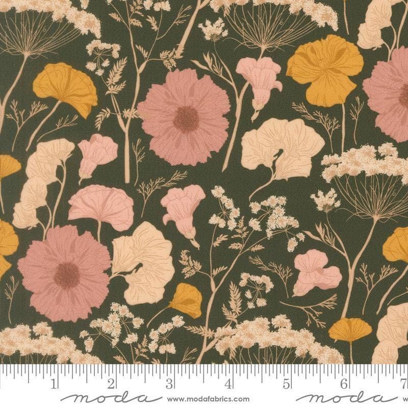 Image of Petalush Pressed Flower Pine quilting cotton fabric by Kiley's Quilt Room for Moda Fabrics. Features flowers on a green background. Cute Little Fabric Shop.