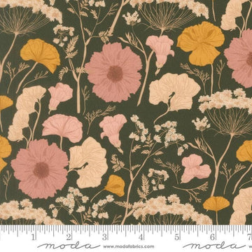 Image of Petalush Pressed Flower Pine quilting cotton fabric by Kiley's Quilt Room for Moda Fabrics. Features flowers on a green background. Cute Little Fabric Shop.