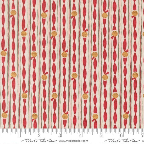 Image of When Snow Falls Jingle Bell Stripes Snowy White quilting cotton fabric by Deb Strain for Moda Fabrics. Features stripes on a cream and red background. Cute Little Fabric Shop.