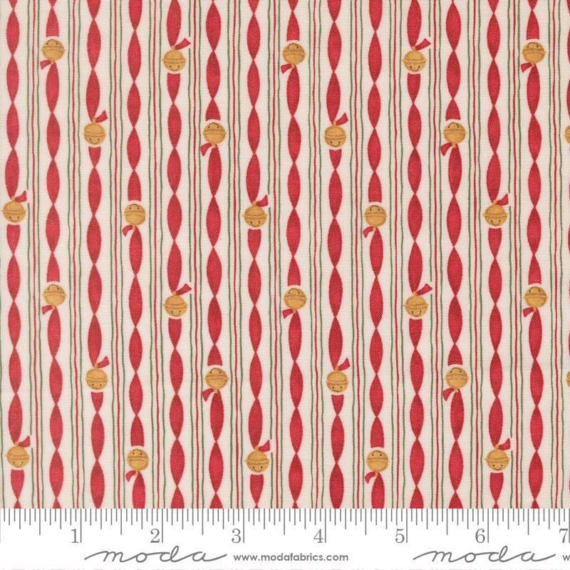 Image of When Snow Falls Jingle Bell Stripes Snowy White quilting cotton fabric by Deb Strain for Moda Fabrics. Features stripes on a cream and red background. Cute Little Fabric Shop.