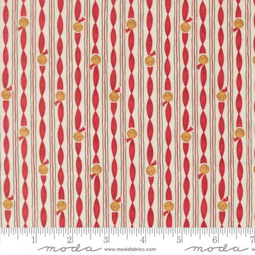 Image of When Snow Falls Jingle Bell Stripes Snowy White quilting cotton fabric by Deb Strain for Moda Fabrics. Features stripes on a cream and red background. Cute Little Fabric Shop.