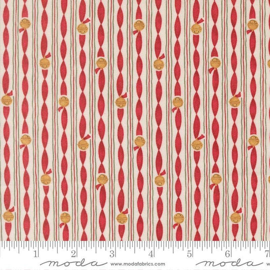 Image of When Snow Falls Jingle Bell Stripes Snowy White quilting cotton fabric by Deb Strain for Moda Fabrics. Features stripes on a cream and red background. Cute Little Fabric Shop.