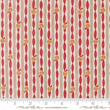 Image of When Snow Falls Jingle Bell Stripes Snowy White quilting cotton fabric by Deb Strain for Moda Fabrics. Features stripes on a cream and red background. Cute Little Fabric Shop.