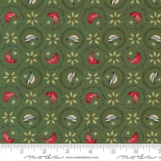 Image of When Snow Falls Tiny Birds in Wreaths Evergreen quilting cotton fabric by Deb Strain for Moda Fabrics. Features birds on a green background. Cute Little Fabric Shop.