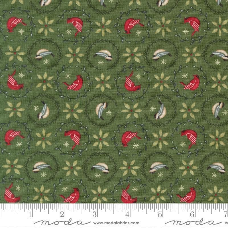 Image of When Snow Falls Tiny Birds in Wreaths Evergreen quilting cotton fabric by Deb Strain for Moda Fabrics. Features birds on a green background. Cute Little Fabric Shop.