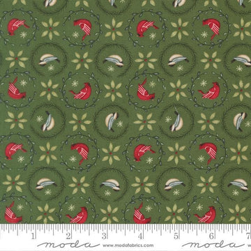 Image of When Snow Falls Tiny Birds in Wreaths Evergreen quilting cotton fabric by Deb Strain for Moda Fabrics. Features birds on a green background. Cute Little Fabric Shop.