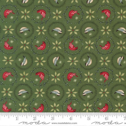 Image of When Snow Falls Tiny Birds in Wreaths Evergreen quilting cotton fabric by Deb Strain for Moda Fabrics. Features birds on a green background. Cute Little Fabric Shop.