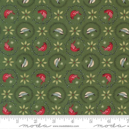 Image of When Snow Falls Tiny Birds in Wreaths Evergreen quilting cotton fabric by Deb Strain for Moda Fabrics. Features birds on a green background. Cute Little Fabric Shop.