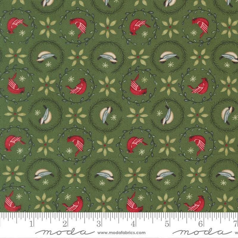 Image of When Snow Falls Tiny Birds in Wreaths Evergreen quilting cotton fabric by Deb Strain for Moda Fabrics. Features birds on a green background. Cute Little Fabric Shop.