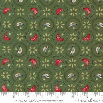 Image of When Snow Falls Tiny Birds in Wreaths Evergreen quilting cotton fabric by Deb Strain for Moda Fabrics. Features birds on a green background. Cute Little Fabric Shop.