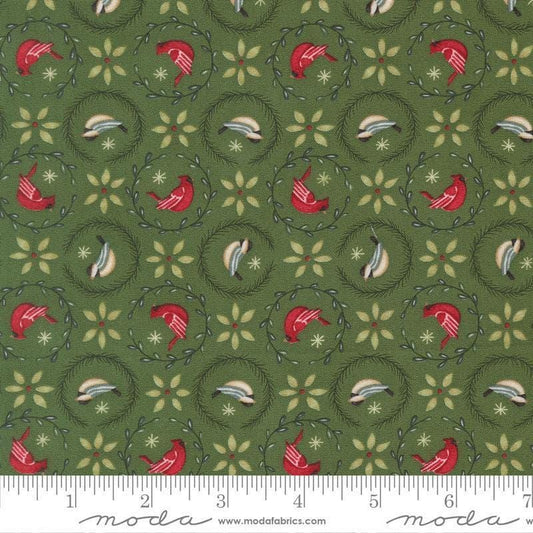 Image of When Snow Falls Tiny Birds in Wreaths Evergreen quilting cotton fabric by Deb Strain for Moda Fabrics. Features birds on a green background. Cute Little Fabric Shop.