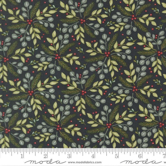 Image of When Snow Falls Winter Greenery Night Sky quilting cotton fabric by Deb Strain for Moda Fabrics. Features leaves on a blue background. Cute Little Fabric Shop.