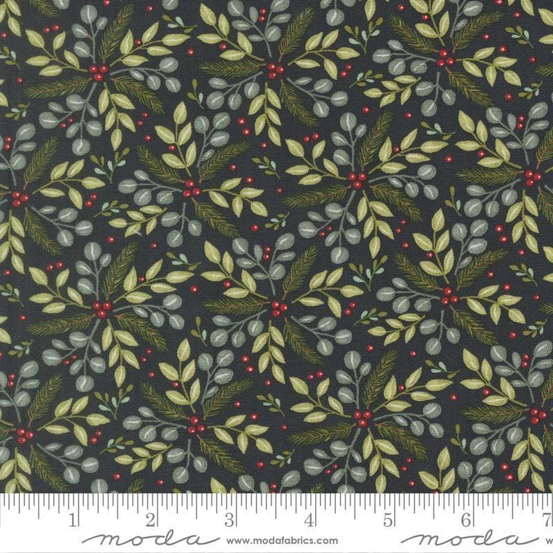 Image of When Snow Falls Winter Greenery Night Sky quilting cotton fabric by Deb Strain for Moda Fabrics. Features leaves on a blue background. Cute Little Fabric Shop.