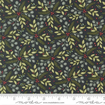 Image of When Snow Falls Winter Greenery Night Sky quilting cotton fabric by Deb Strain for Moda Fabrics. Features leaves on a blue background. Cute Little Fabric Shop.