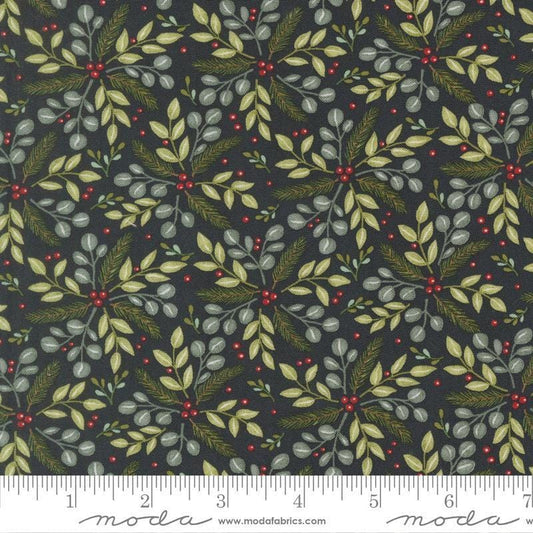 Image of When Snow Falls Winter Greenery Night Sky quilting cotton fabric by Deb Strain for Moda Fabrics. Features leaves on a blue background. Cute Little Fabric Shop.