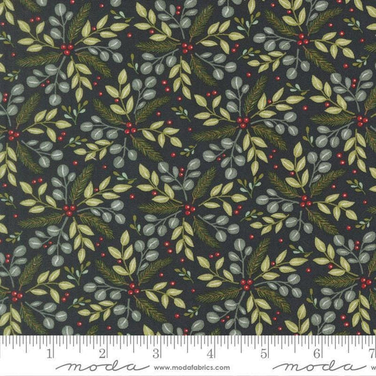 Image of When Snow Falls Winter Greenery Night Sky quilting cotton fabric by Deb Strain for Moda Fabrics. Features leaves on a blue background. Cute Little Fabric Shop.